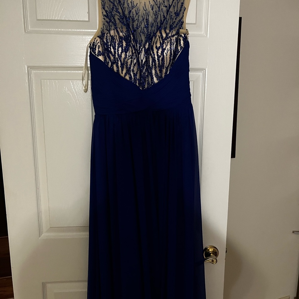 Navy and Nude Embroidered Bodice Evening Gown
